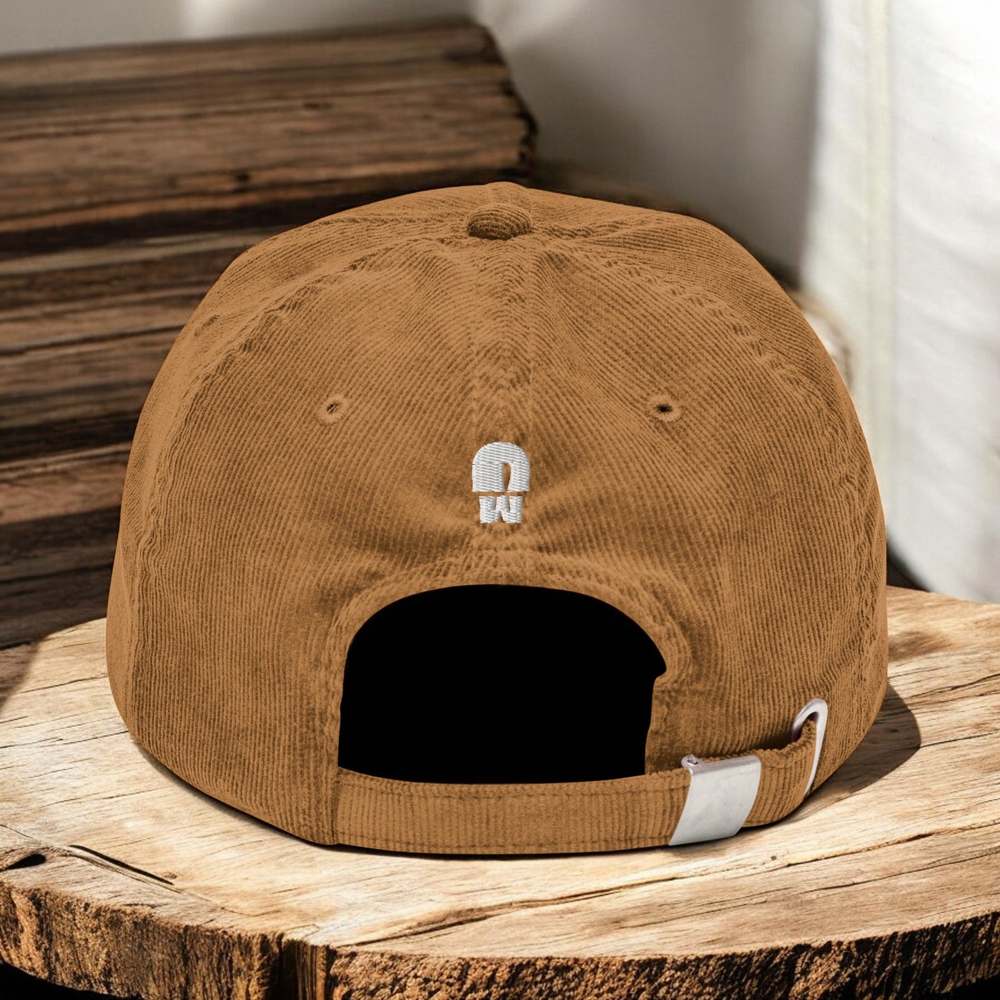 Camel Corduroy Fly Agaric cap from the back on a wooden surface
