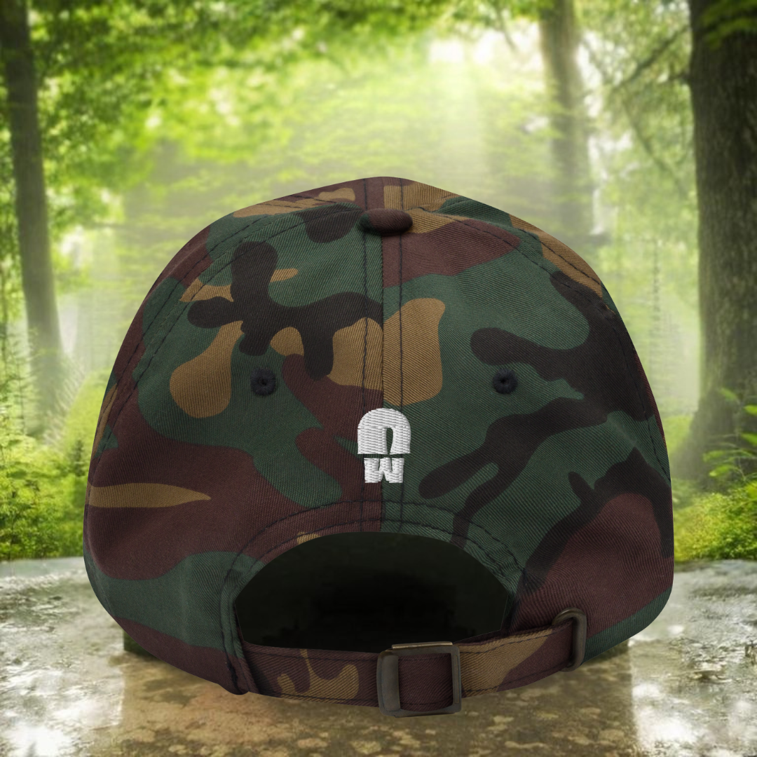 Back of the camouflage cap with a, in a forest background