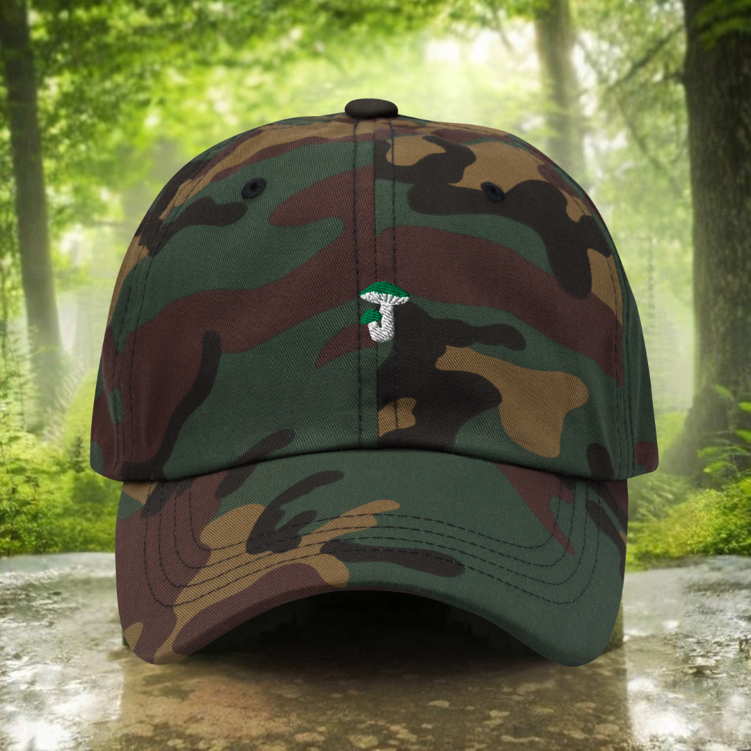 Front picture of a camouflage cap with a green russula, in a forest background