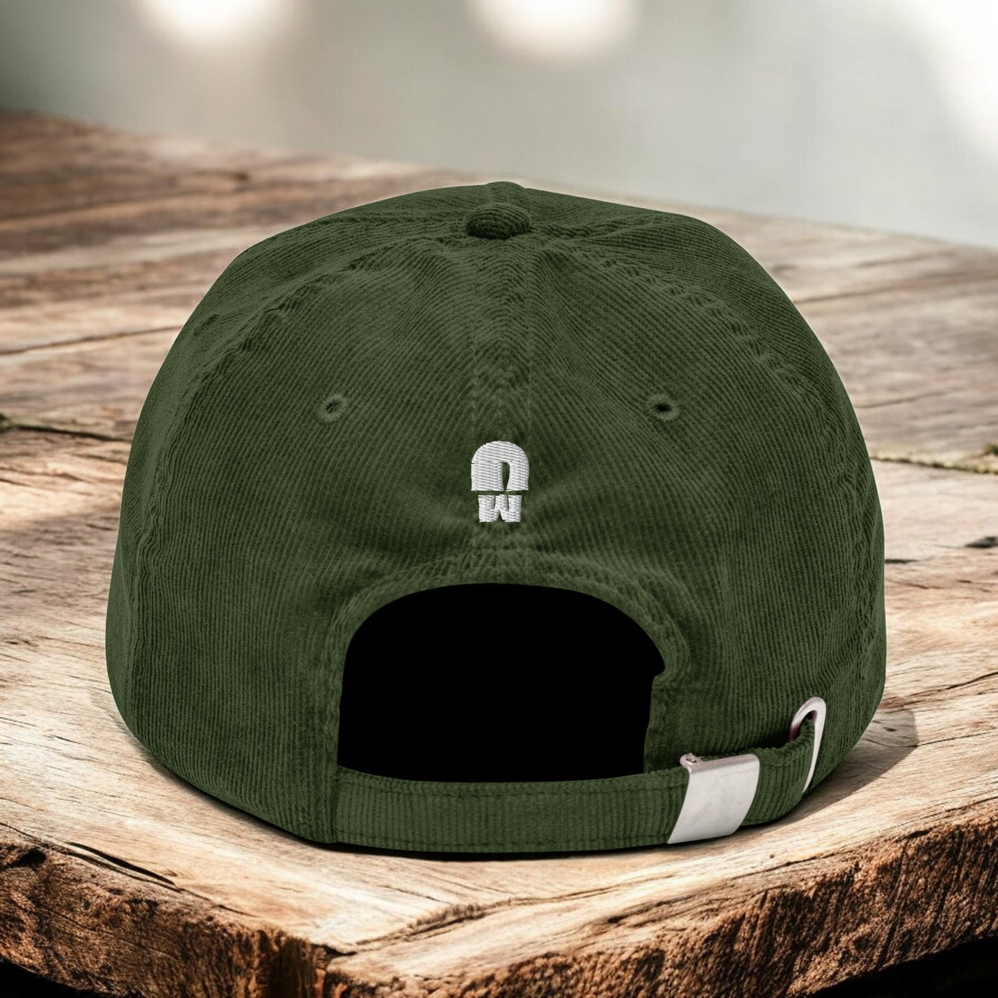 Green Corduroy Fly Agaric cap from the back on a wooden surface