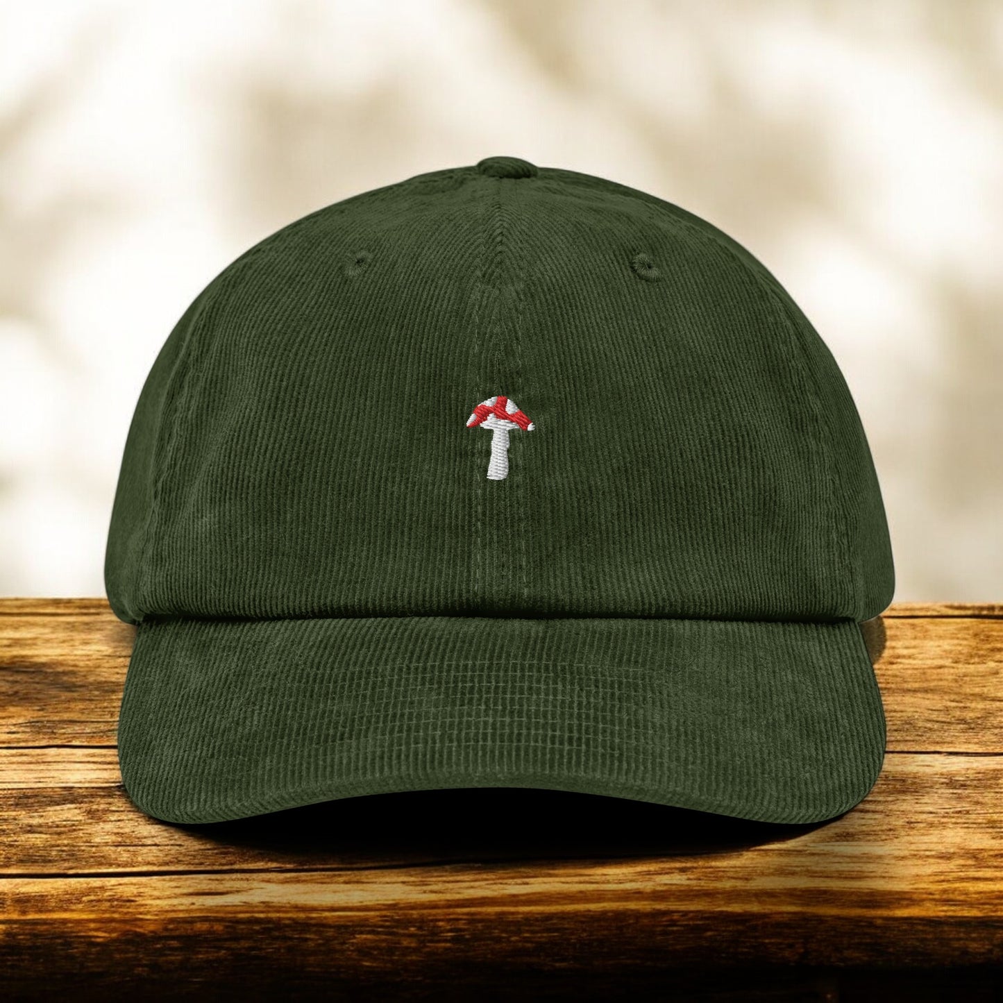 Green Corduroy Fly Agaric cap on a wooden surface