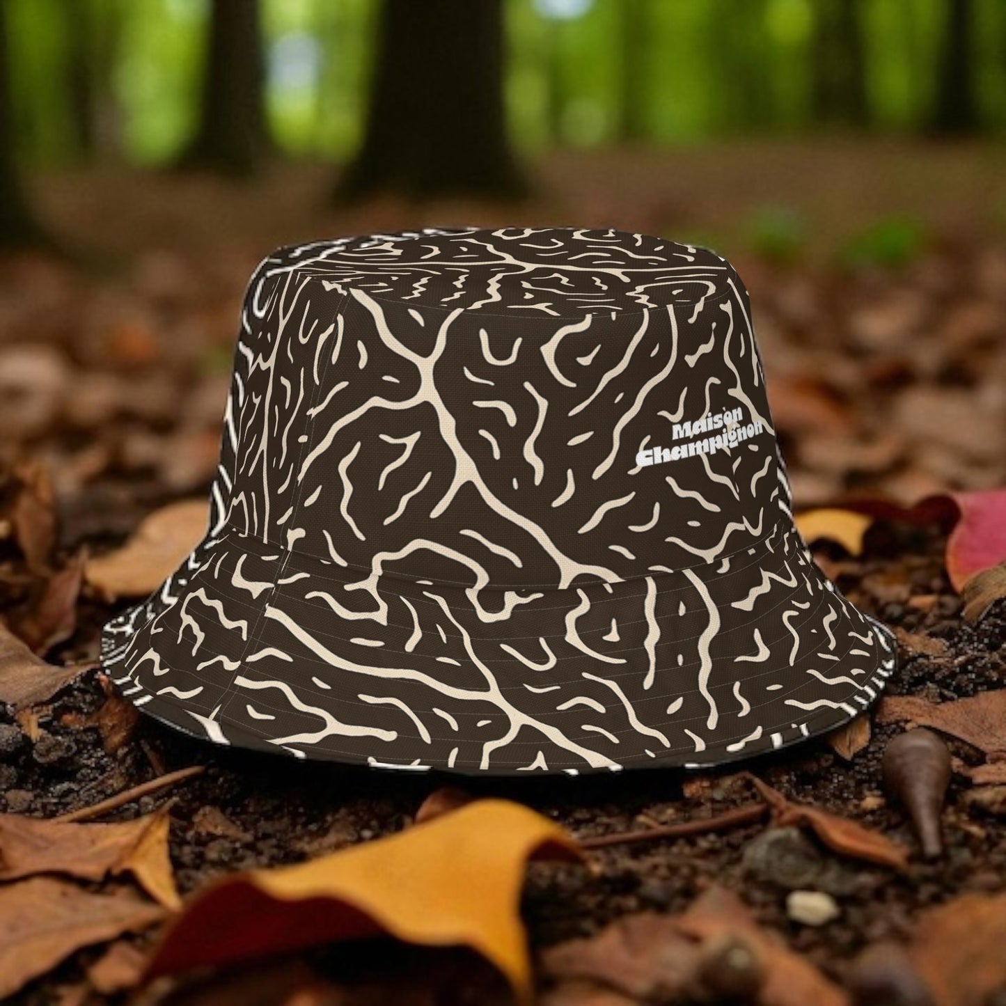 Reversible Truffle Bucket Hat Inside side on forest floor