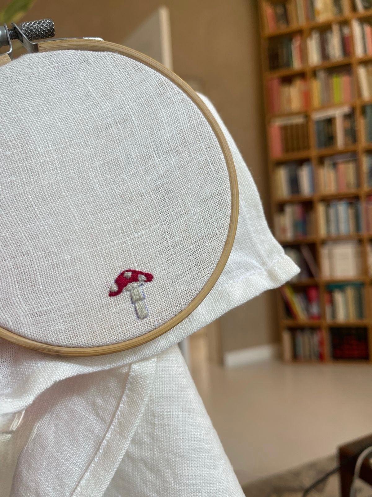Fly Agaric Mushroom Needle Minder on White Fabric in Embroidery Hoop