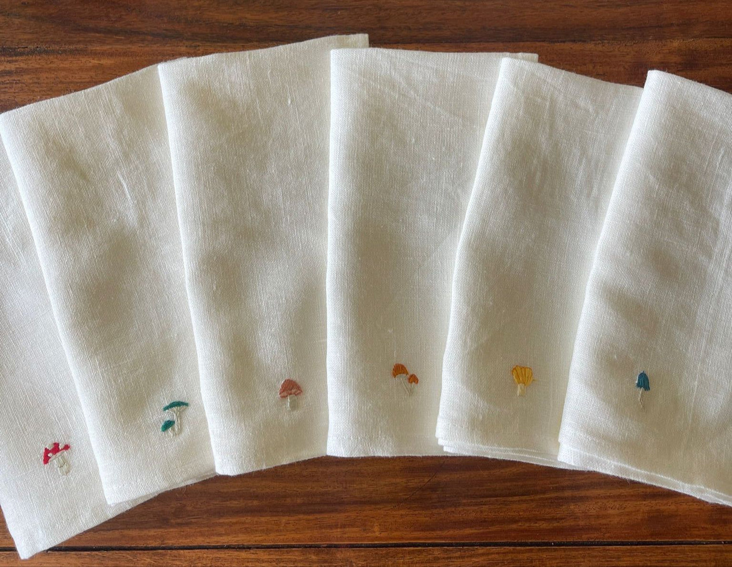 Embroidered Mushroom Napkin Set, White Linen with Colorful Designs