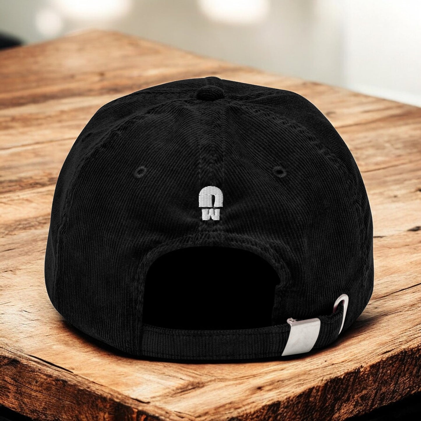 Black Corduroy Paris Mushroom cap from the back on a wooden surface