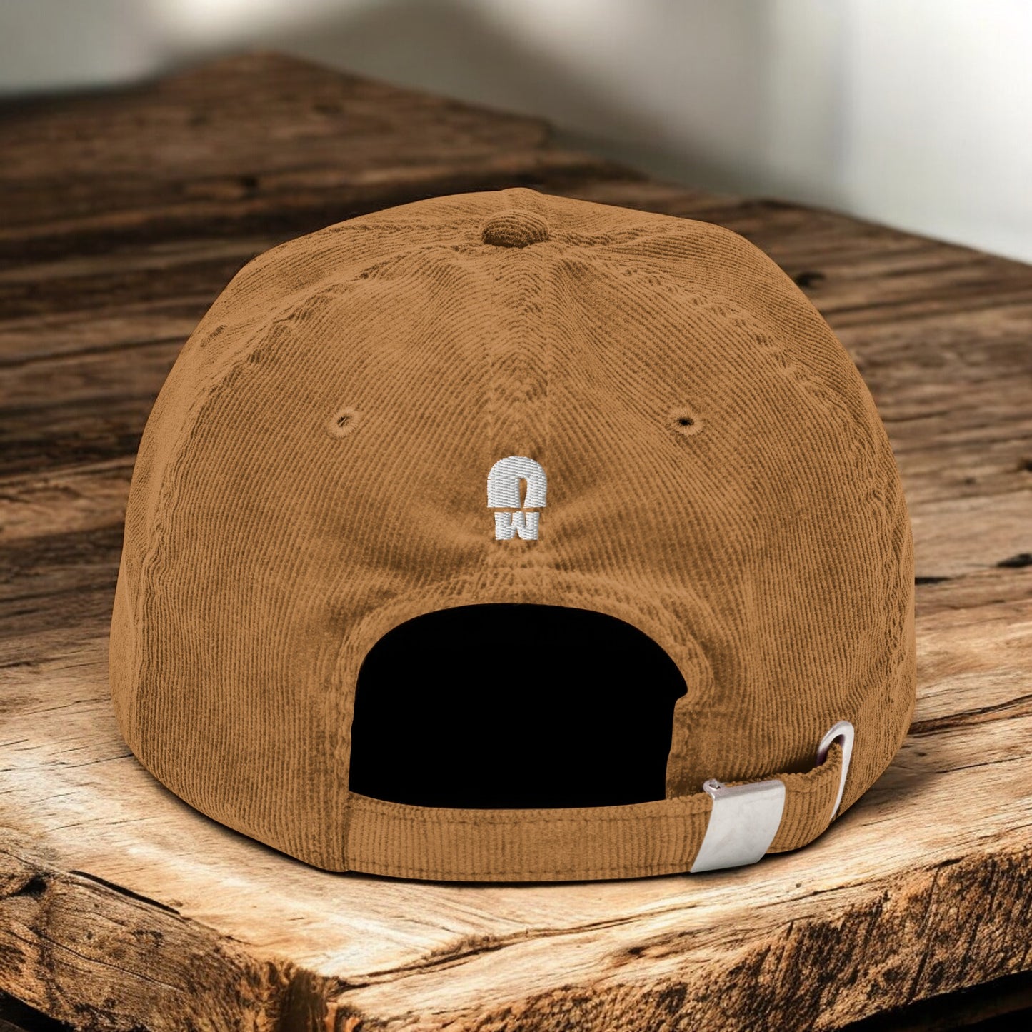 Camel Corduroy Paris Mushroom cap from the back on a wooden surface