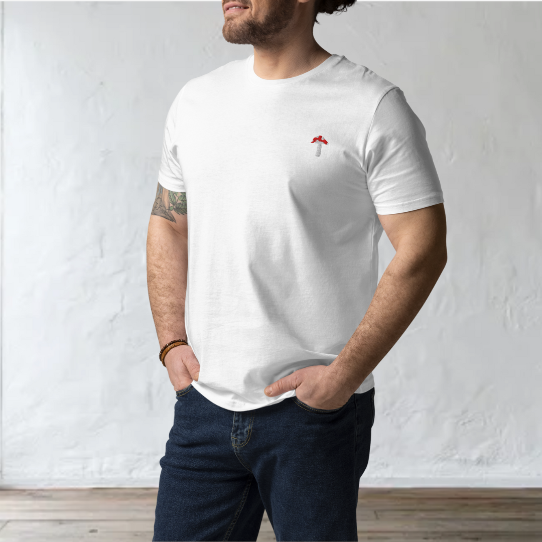men model wearing white fly agaric t-shirt
