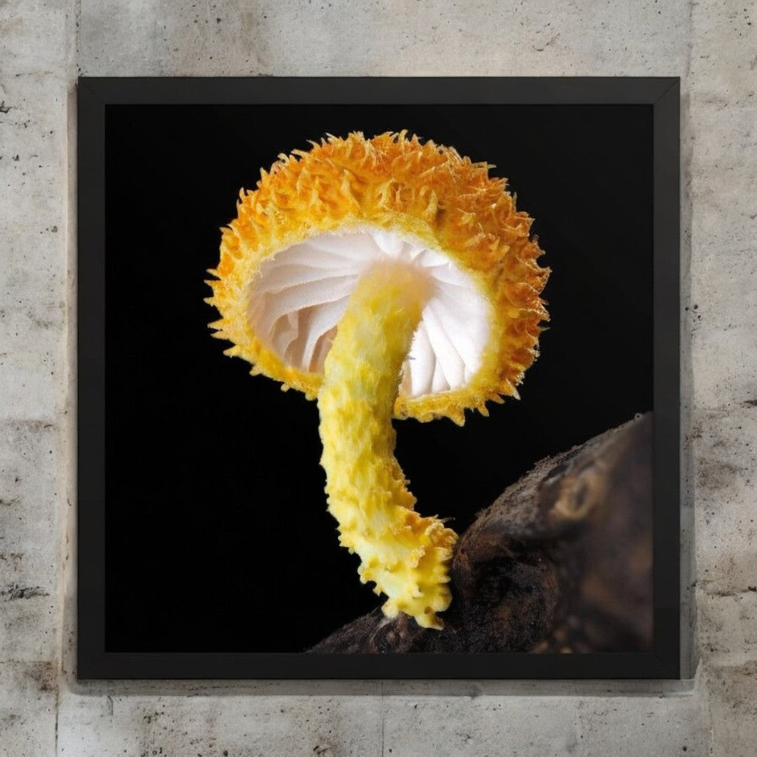Cryptotrama Golden-Scruffy Collybia Framed Art Print - yellow mushroom photography, black frame.