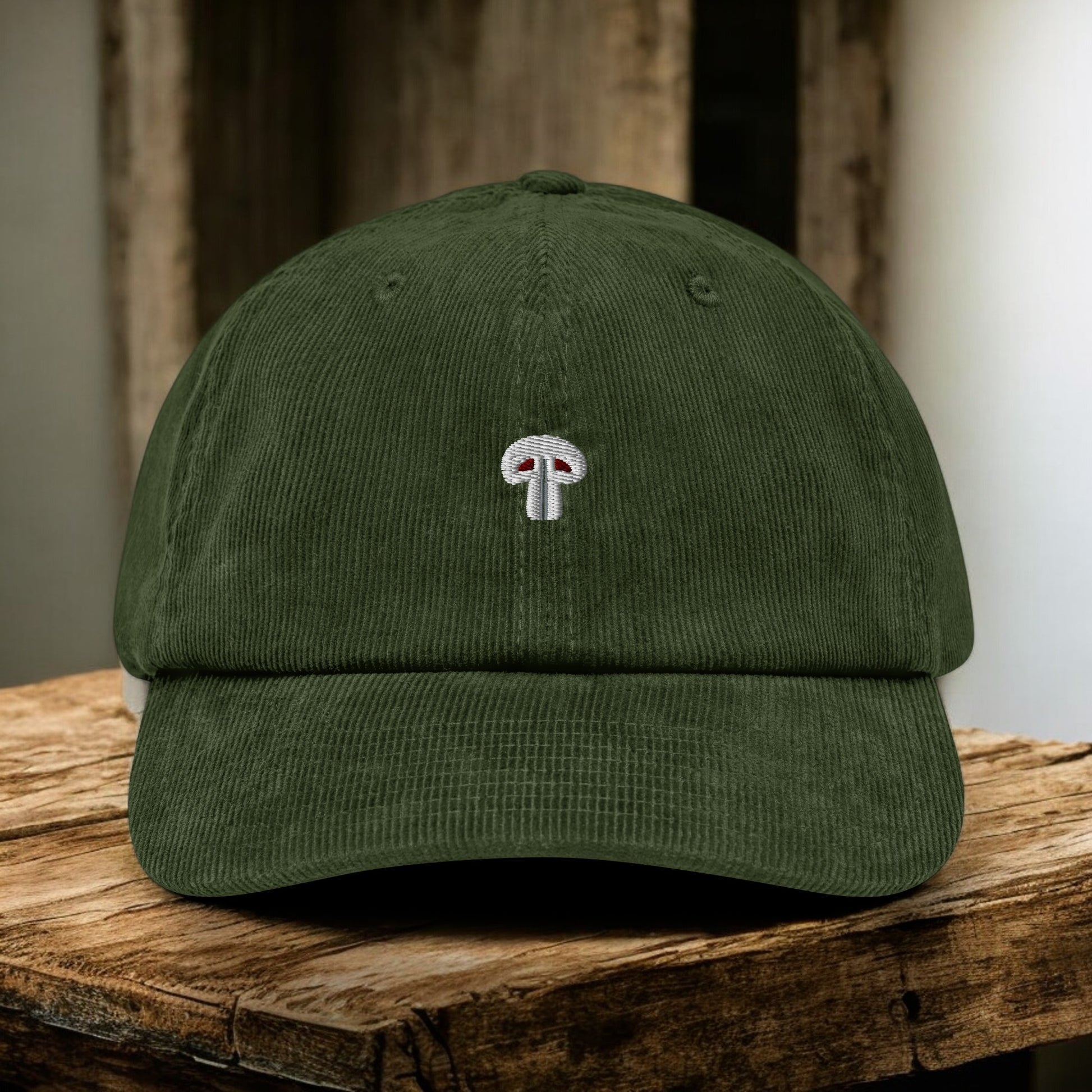 Green Corduroy Paris Mushroom cap from the front on a wooden surface
