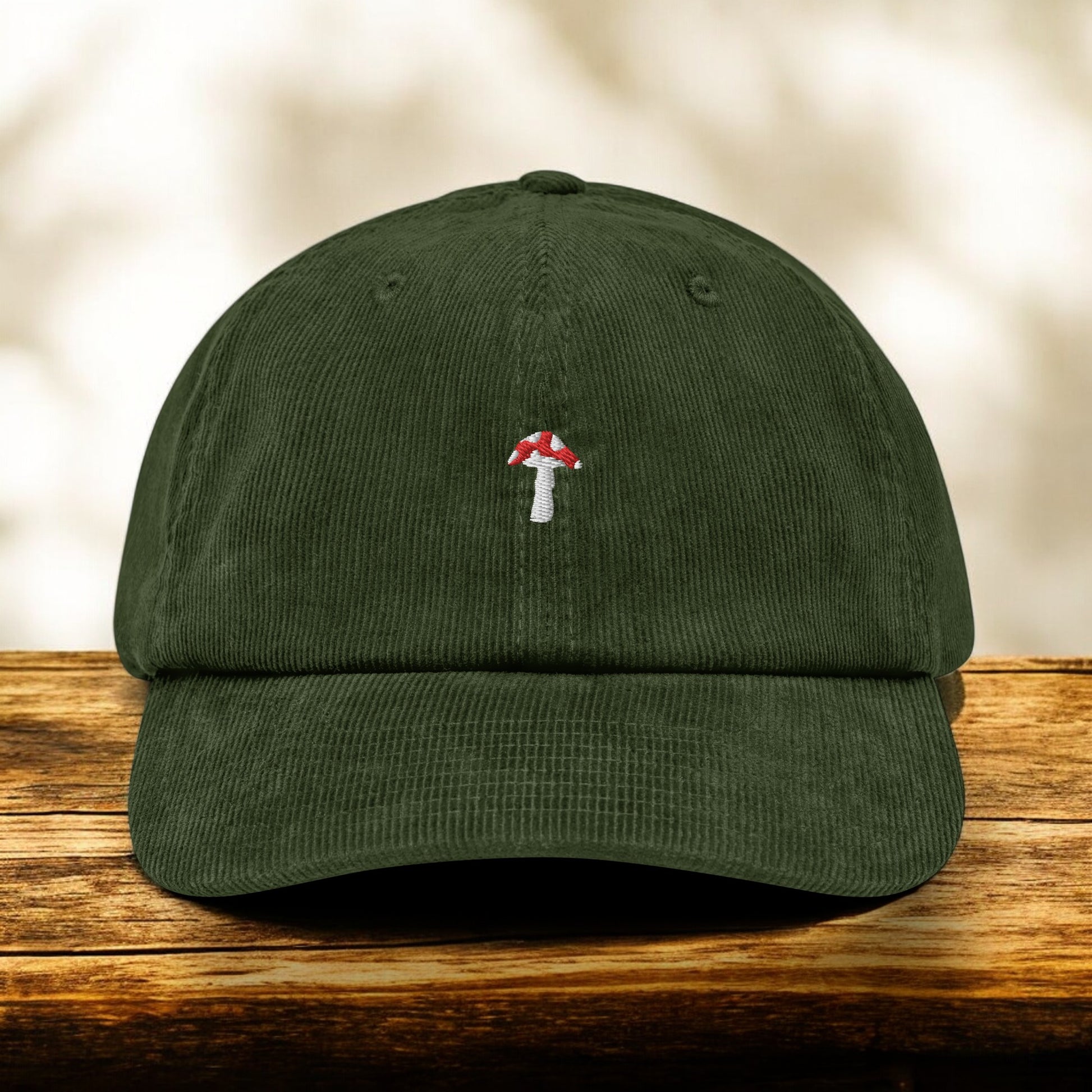 Green Corduroy Fly Agaric cap on a wooden surface