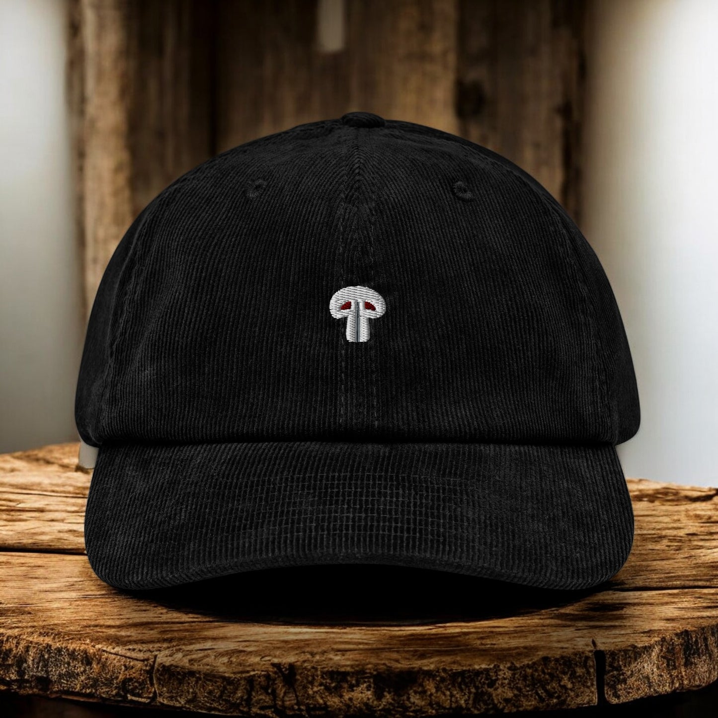 Black Corduroy Paris Mushroom cap from the front on a wooden surface