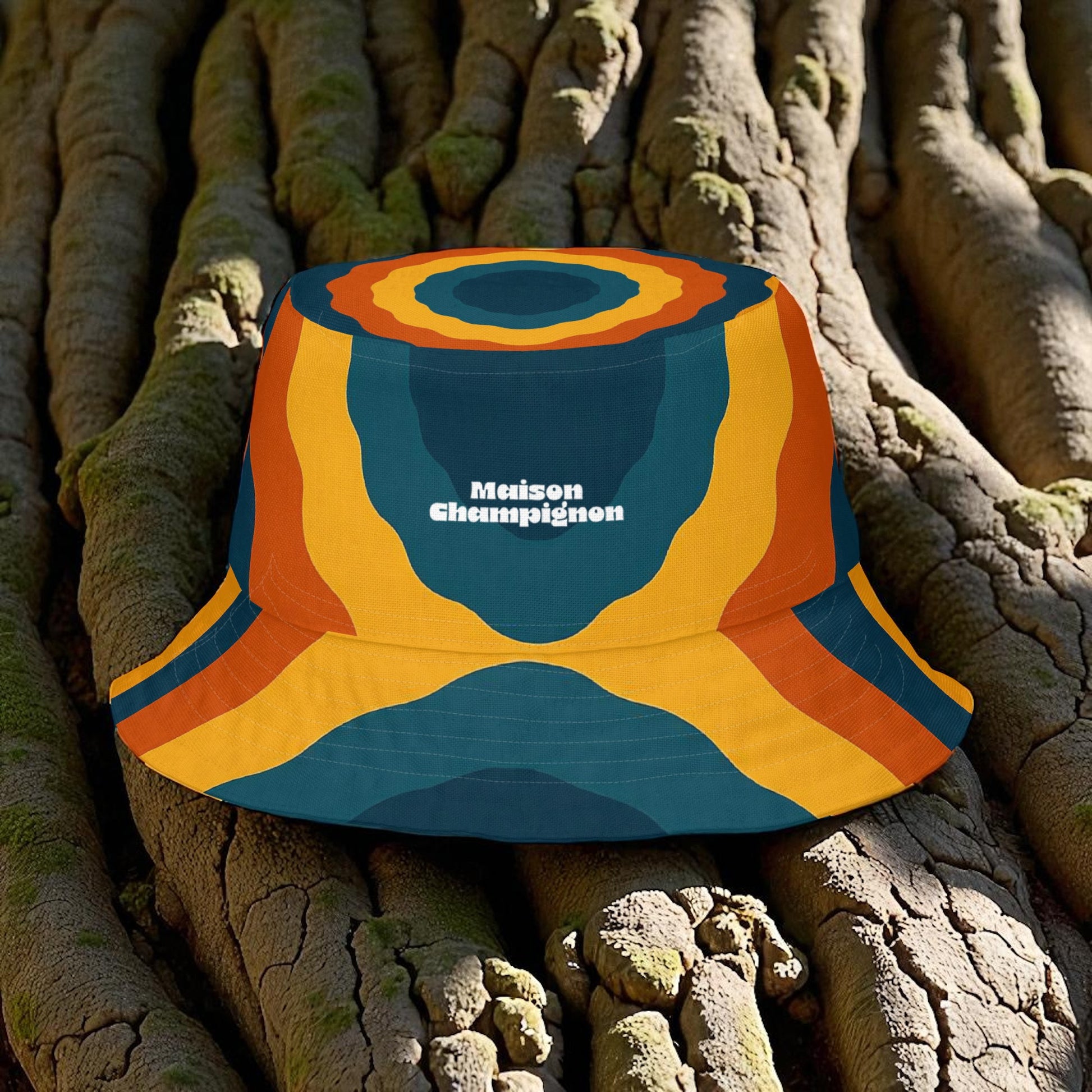 Turkey Tail Colorful bucket hat with 'Maison Champignon' logo on tree
