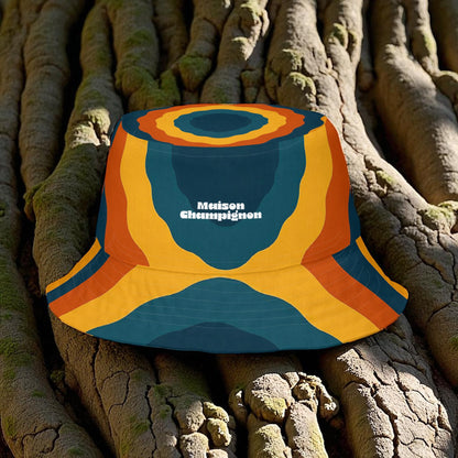 Turkey Tail Colorful bucket hat with 'Maison Champignon' logo on tree