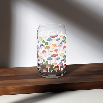 Transparent glass on a wooden table with mushroom design 